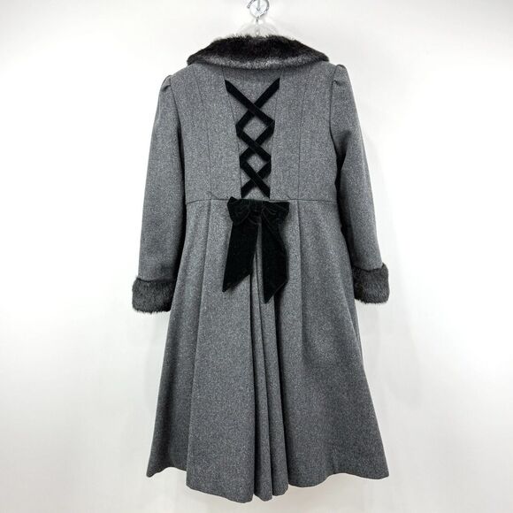 Rothschild Peacoat‎ Overcoat Girls 12 Gray VTG 100% Wool Faux Fur Velvet Long - Picture 1 of 14